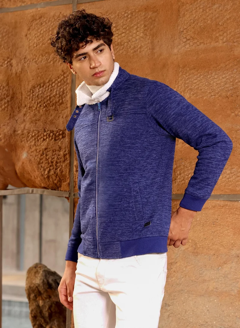 Campus Sutra Campus Sutra Men's Indigo Blue Contrast Sherpa-Lined Heathered Bomber Jacket | Point Collar , Ribbed Cuff Sleeves , Zipper  Closure , Ribbed-Straight Hem | Solid Jacquard For Casual & Daily Wear