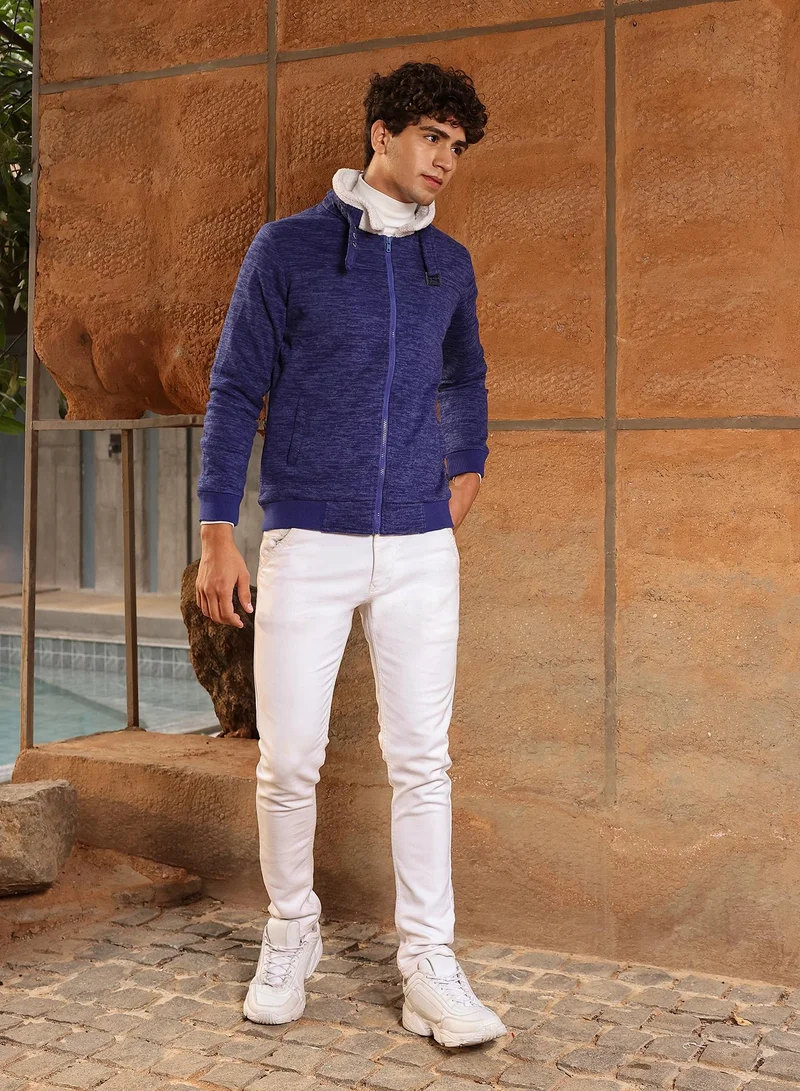 Campus Sutra Campus Sutra Men's Indigo Blue Contrast Sherpa-Lined Heathered Bomber Jacket | Point Collar , Ribbed Cuff Sleeves , Zipper  Closure , Ribbed-Straight Hem | Solid Jacquard For Casual & Daily Wear