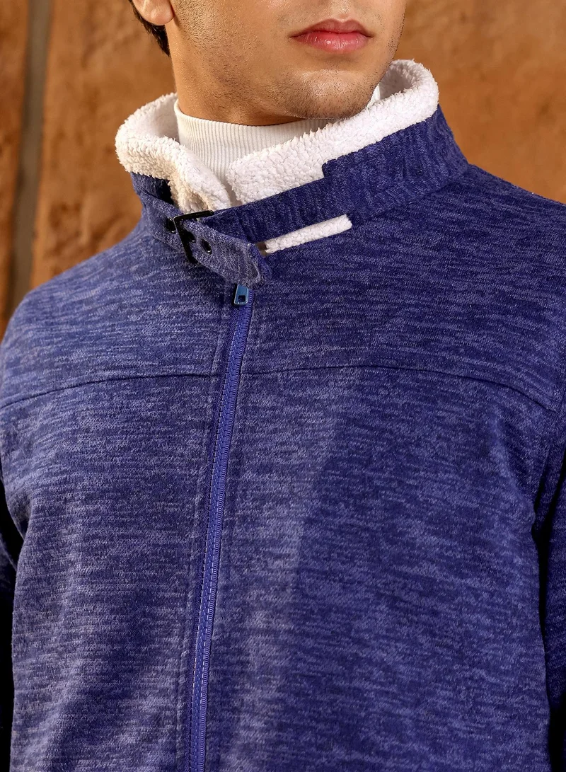 Campus Sutra Campus Sutra Men's Indigo Blue Contrast Sherpa-Lined Heathered Bomber Jacket | Point Collar , Ribbed Cuff Sleeves , Zipper  Closure , Ribbed-Straight Hem | Solid Jacquard For Casual & Daily Wear