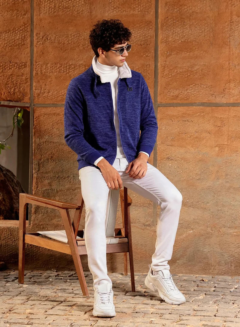 Campus Sutra Campus Sutra Men's Indigo Blue Contrast Sherpa-Lined Heathered Bomber Jacket | Point Collar , Ribbed Cuff Sleeves , Zipper  Closure , Ribbed-Straight Hem | Solid Jacquard For Casual & Daily Wear