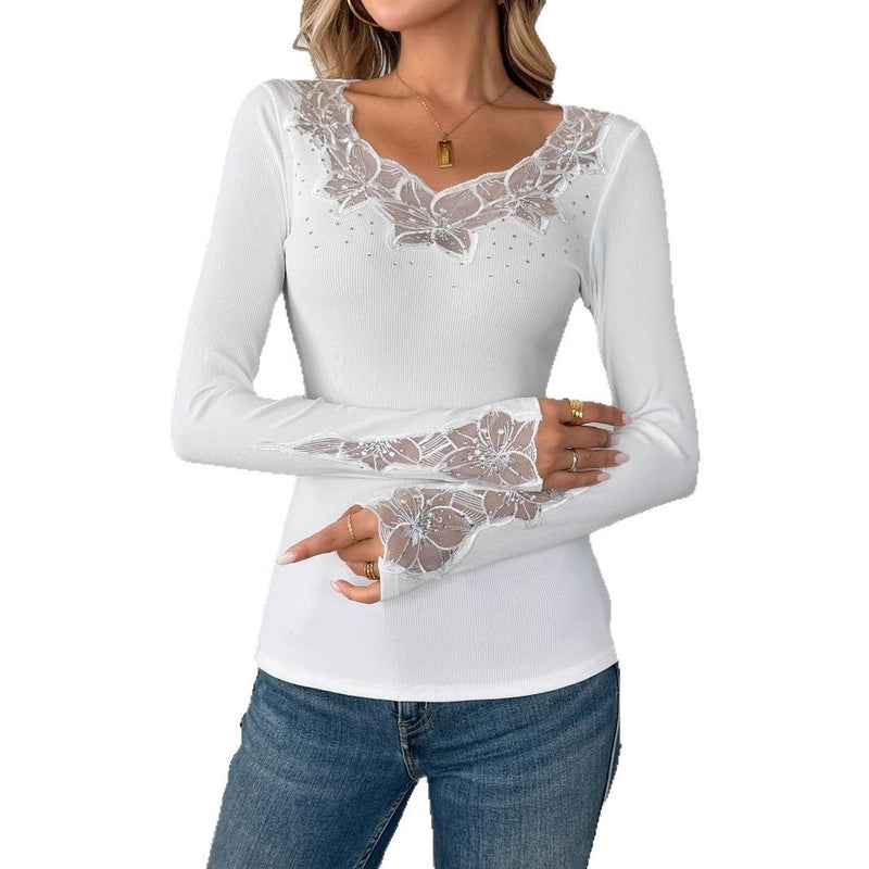 Women's Solid Color Lace Trim Rhinestone Long Sleeve T-Shirt - Image 5