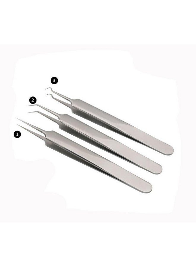 Elandy 1Set(3Pcs) Silver Professional Remove Blackheads Tweezers Set Stainless Steel Straight/Slanted & Pointed Splinter/Bend Curved Blemish Extractor Tool For Acne Zit Cystic Blemish Whitehead Popping - Image 1