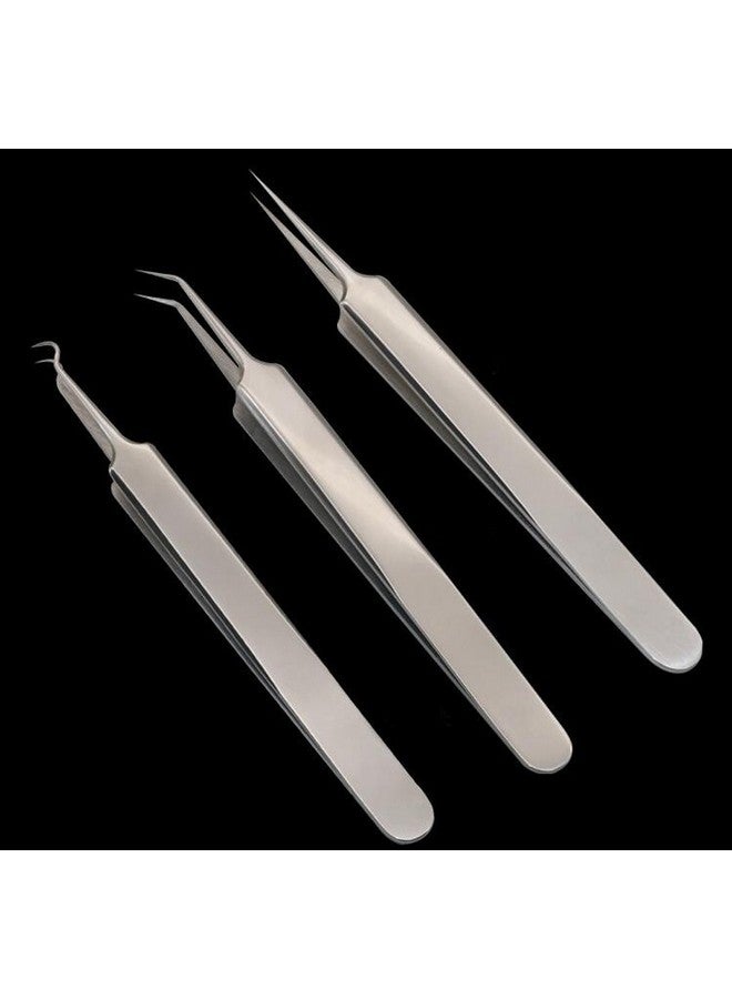 Elandy 1Set(3Pcs) Silver Professional Remove Blackheads Tweezers Set Stainless Steel Straight/Slanted & Pointed Splinter/Bend Curved Blemish Extractor Tool For Acne Zit Cystic Blemish Whitehead Popping - Image 3
