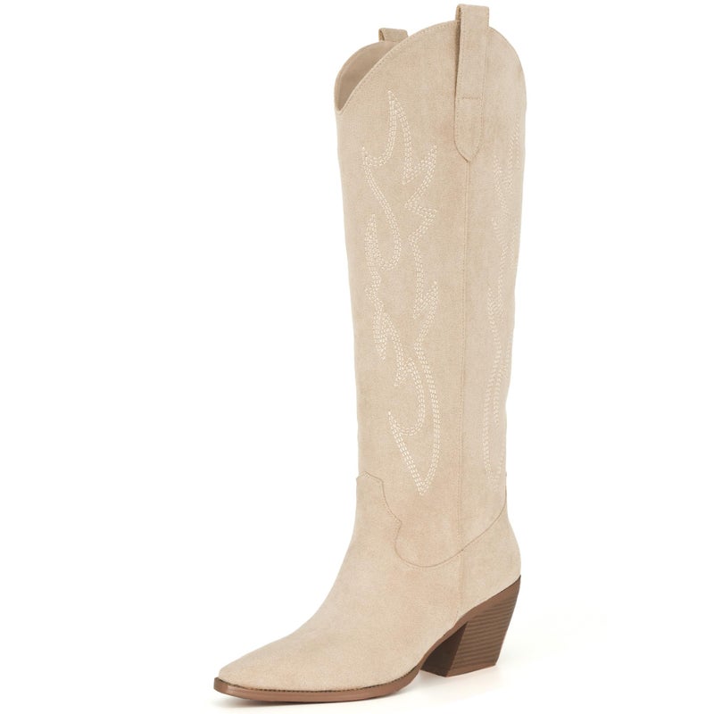 iiimmu Cowgirl Tall Boots Pointed Toe and Block Heel Cowboy Suede Boots with Embroidered, Beige, Size 7.5 - Image 1