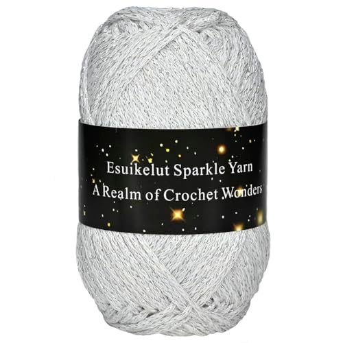 Esuikelut White Sparkly Knitting Yarn 15mm Round Hollow Yarn with Silver Sparkling Silver Metallic Crochet Thread - Image 1