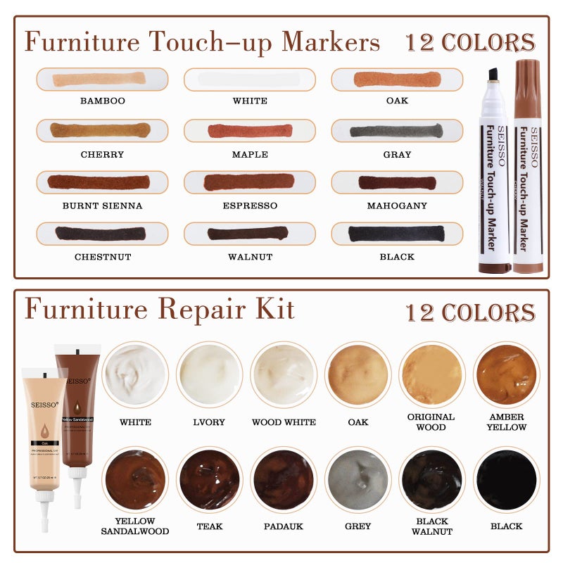 SEISSO Wood Furniture Repair Kit, Wood Filler and Touch Up Markers, Set of 28 Laminate Vinyl Floor Repair Kit for Scratches, Cracks, Holes, Discoloration for Door, Floor, Table, Cabinet - Image 2