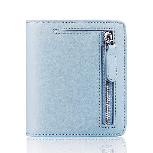 FT FUNTOR FUNTOR Leather Wallet for women, Ladies Small Compact Bifold Pocket RFID Blocking Wallet for Women, Light Blue - Image 1