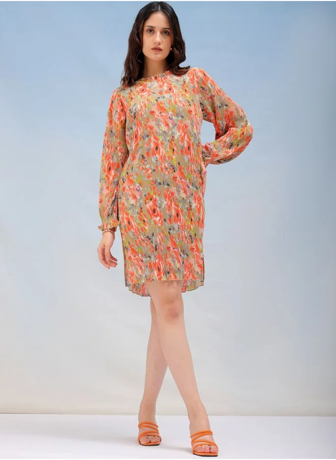 Freehand Women Straight Fit Casual Floral Print Pleated Dress