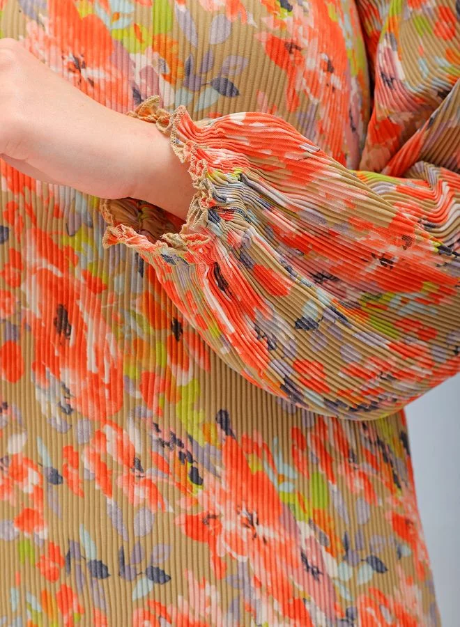 مرفوعة Women Straight Fit Casual Floral Print Pleated Dress