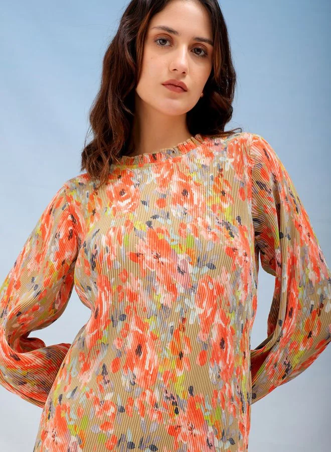 مرفوعة Women Straight Fit Casual Floral Print Pleated Dress