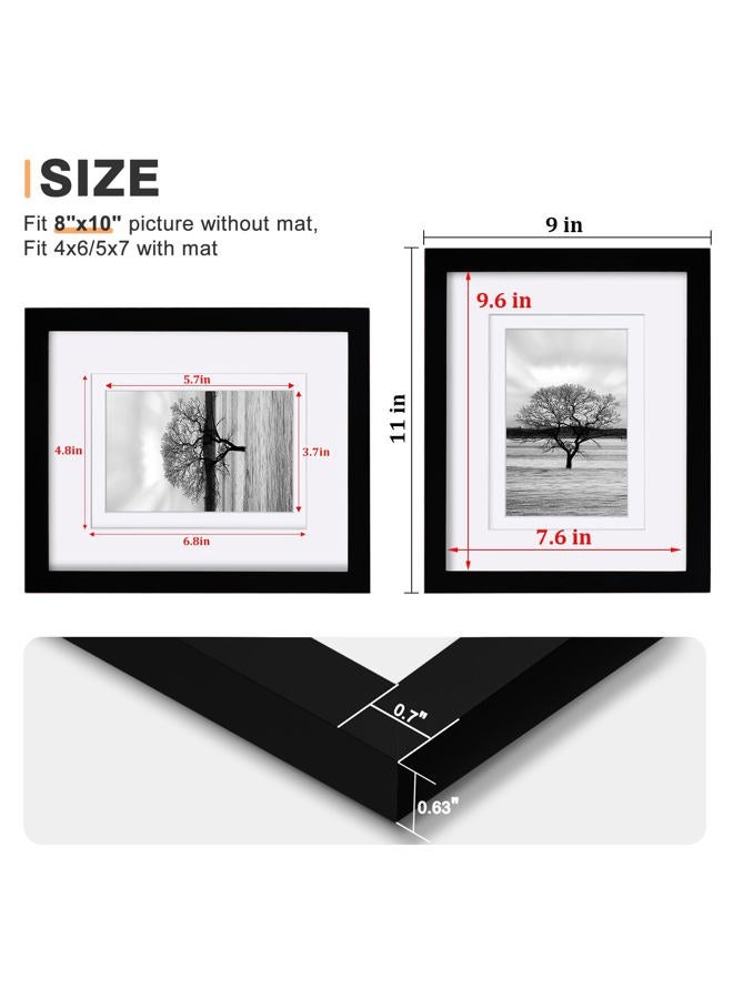 Egofine 8x10 Picture Frames Set of 4, Made of Solid Wood Covered by Plexiglass 4x6 and 5x7 with Mat or 8x10 without Mat, for Table Top Display and Wall Mounting Photo Frame Black - Image 3