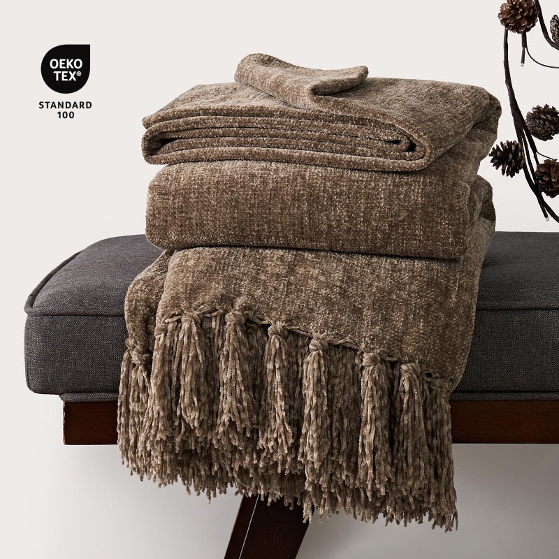 EVERGRACE Soft Polyester Throw Blanket for Couch, Cozy Plush Fuzzy Decorative Polyester Knit Throw Blanket with Tassels,Lightweight Blanket and Throws for Bed Sofa Gift Home Decor, Mocha Brown 50"x60" - Image 4