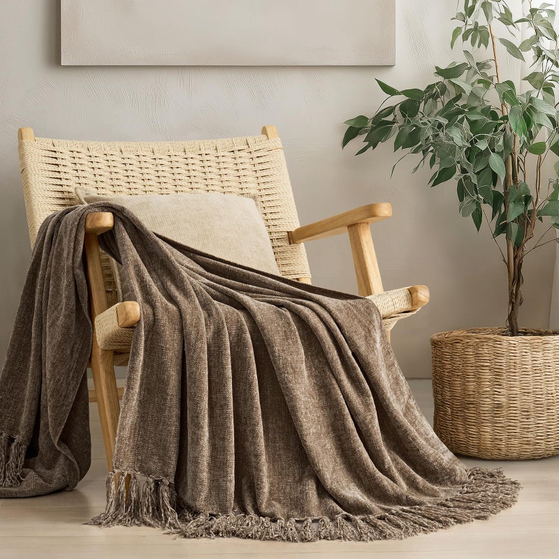 EVERGRACE Soft Polyester Throw Blanket for Couch, Cozy Plush Fuzzy Decorative Polyester Knit Throw Blanket with Tassels,Lightweight Blanket and Throws for Bed Sofa Gift Home Decor, Mocha Brown 50"x60" - Image 1