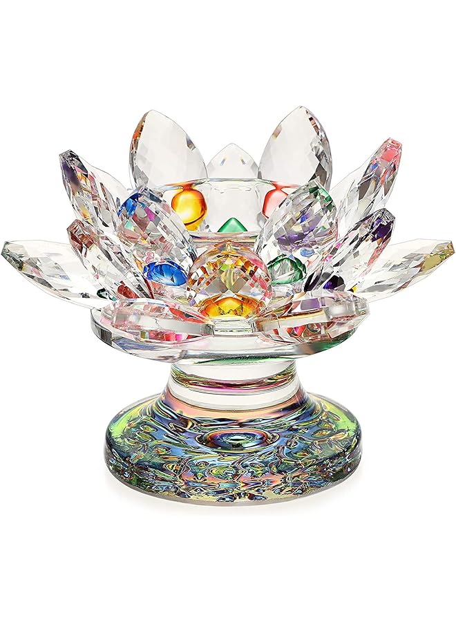 The Bros Colorful Crystal Lotus Flower Candle Holder, Colorful Glass Candle Holder, Votive Tealight Candle Holder, Crystal Decoration for Diwali Romantic Candle Dinners/Wedding/Party (11cm W,8.2cm H)  - Image 1