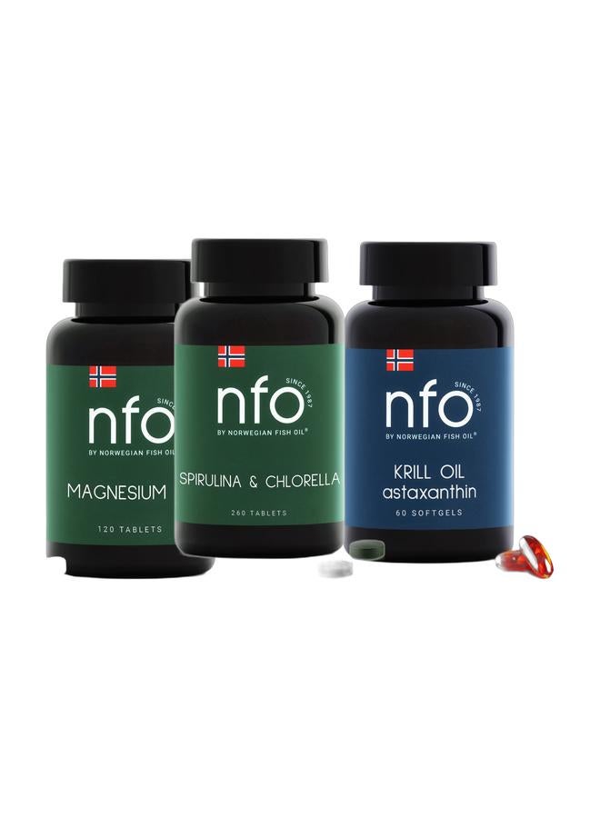 NFO SPIRULINA & CHLORELLA [260 Tablets] & 3 Krill Oil Astaxanthin 60 Capsules & NFO MAGNESIUM B6 [120 Tablets]Bundle - Image 1