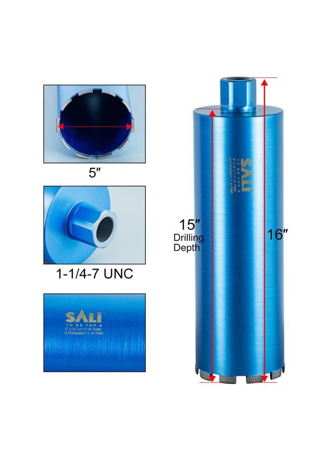 SALI Wet Diamond Core Drill Bits 5"/127mm Diameter Core Drill Bit, 15"/380mm drilling depth Concrete Core Drill Bit, 1-1/4-7" Thread Core Bit Turbo Laser-Welded Segments for Cured Concrete with Rebar, - Image 2