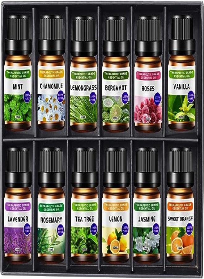 مجموعة زيوت عطرية نقية للترطيب والتدليك والاسترخاء والعناية بالبشرة والشعر، عبوة من 12 زيت عطري سعة 10 مل. - Image 1