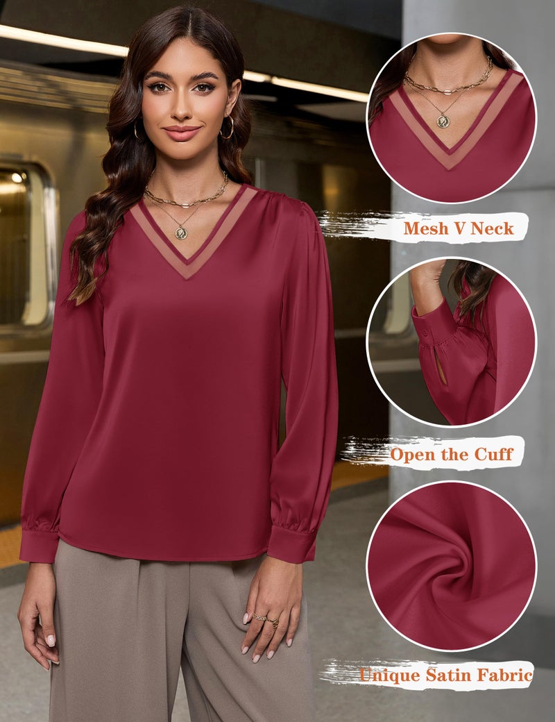 Blooming Jelly Womens Silk Business Dressy Casual Blouses Satin Ladies Lace V Neck Winter Tops Long Sleeve Fall Pleated T Shirts (L, Wine Red) - Image 4