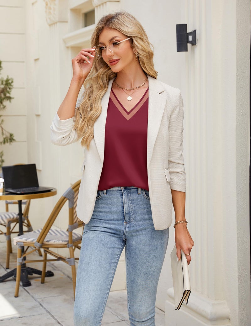 Blooming Jelly Womens Silk Business Dressy Casual Blouses Satin Ladies Lace V Neck Winter Tops Long Sleeve Fall Pleated T Shirts (L, Wine Red) - Image 3