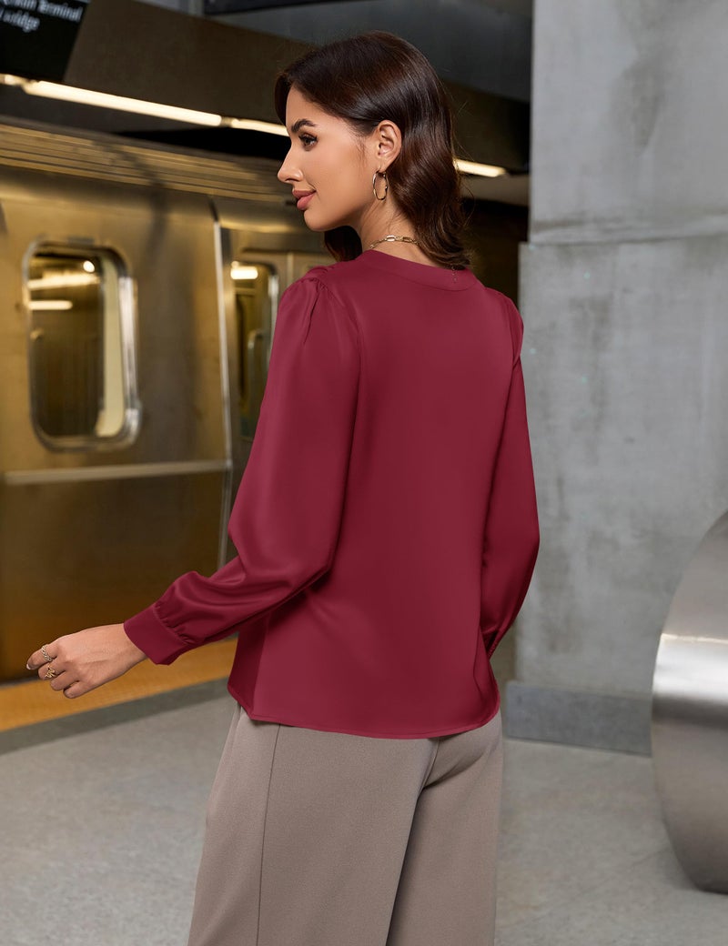 Blooming Jelly Womens Silk Business Dressy Casual Blouses Satin Ladies Lace V Neck Winter Tops Long Sleeve Fall Pleated T Shirts (L, Wine Red) - Image 5