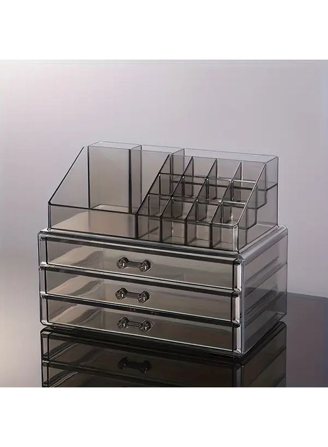 منظم مكياج أكريليك قابل للتكديس باللون الرمادي الفاتح مع أدراج لأقلام أحمر الشفاه وفرش المكياج - Image 2