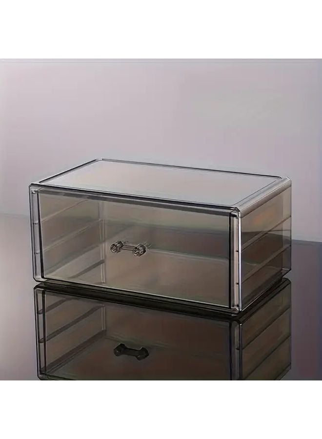 منظم مكياج أكريليك قابل للتكديس باللون الرمادي الفاتح مع أدراج لأقلام أحمر الشفاه وفرش المكياج - Image 1