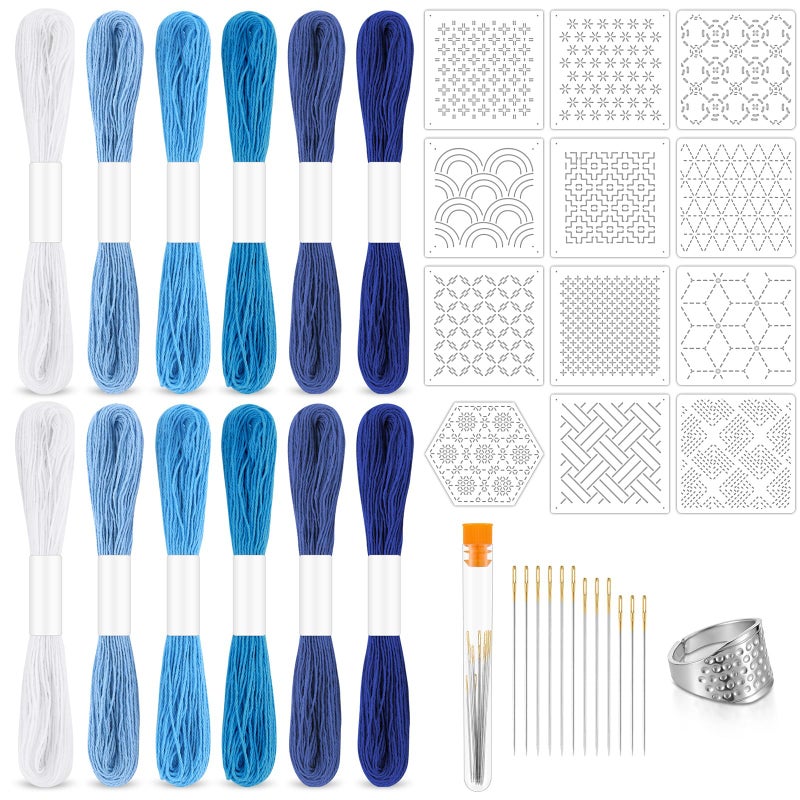 Booson 37 Pcs Sashiko Thread Kit Sashiko Needles Cotton Thimble Sashiko Patterns Embroidery Projects for Sewing Hand Quilting Mending Supplies - Image 1
