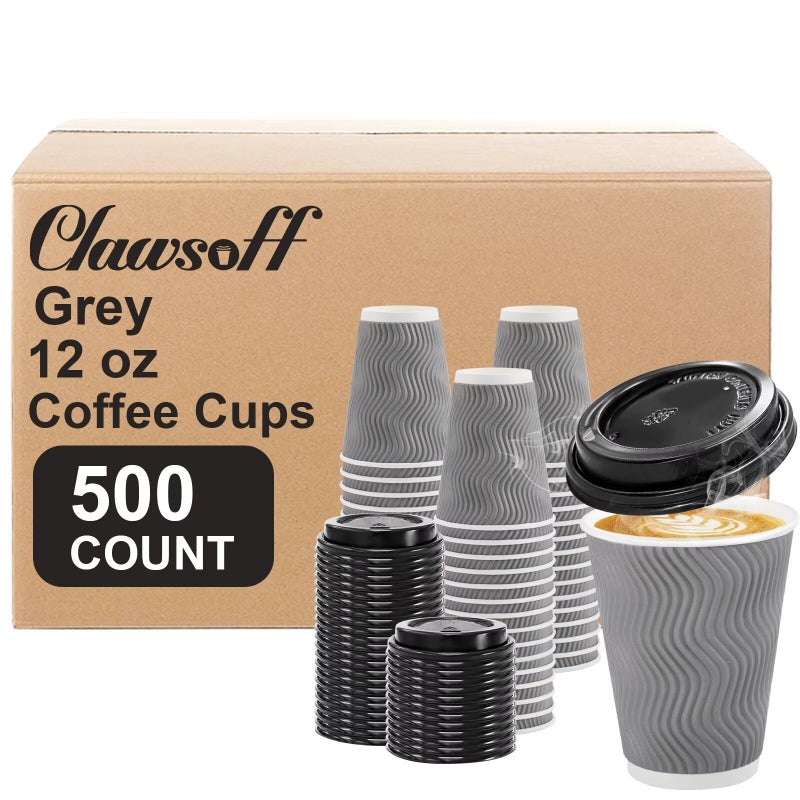 Clawsoff 500 Pack Coffee Cups with Lids 12oz Disposable Insulated Ripple Wall To Go Paper Coffee Cups for HotCold Drinks Office Home Shop Event Grey