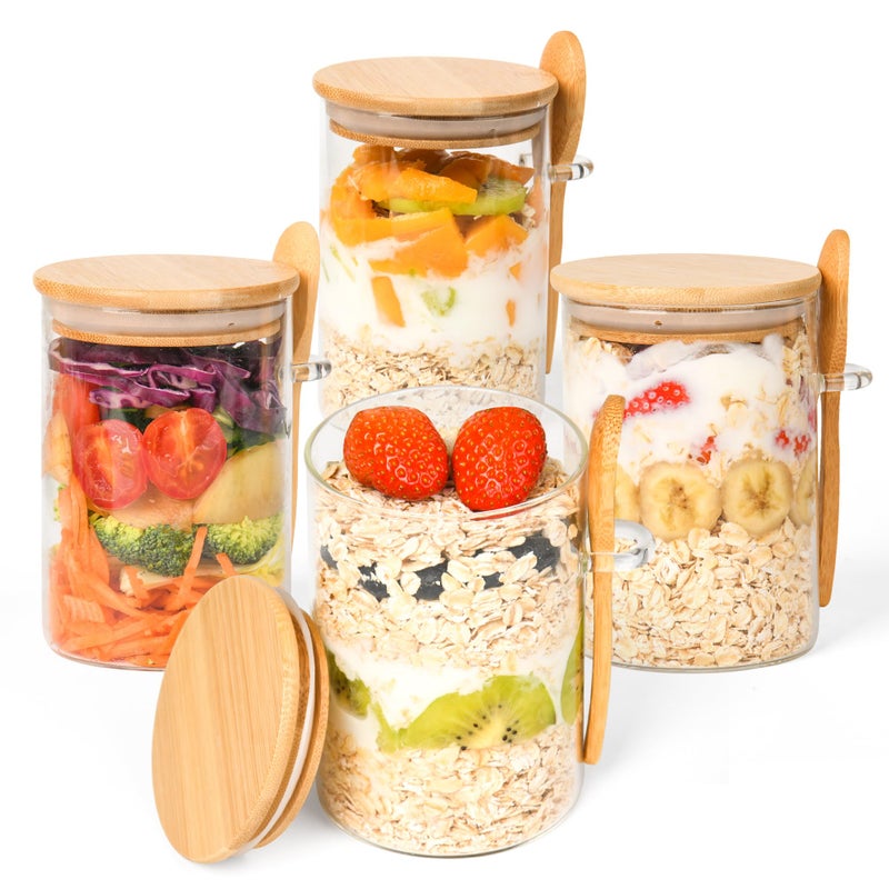 Xileanalee Overnight Oats Containers with Lids,4 Pack 18oz Overnight Oats Jars with Spoons,Salad Meal Prep Jar with Bamboo Lids for Chia Seed Pudding Salad Cereal Coffee Flour,Sourdough Starter Jar for Bread - Image 1