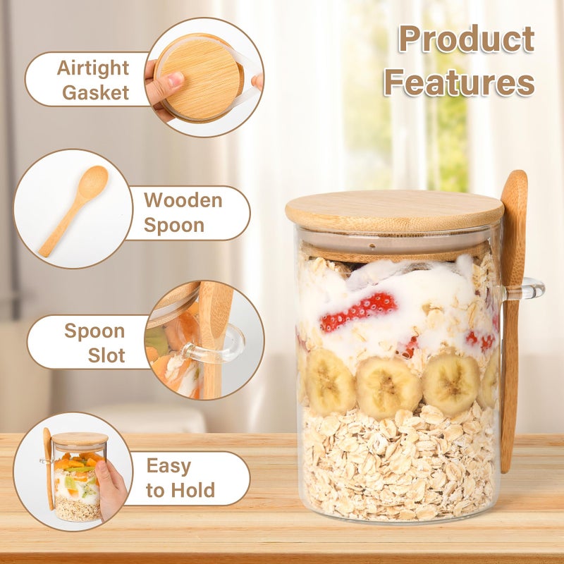 Xileanalee Overnight Oats Containers with Lids,4 Pack 18oz Overnight Oats Jars with Spoons,Salad Meal Prep Jar with Bamboo Lids for Chia Seed Pudding Salad Cereal Coffee Flour,Sourdough Starter Jar for Bread - Image 2
