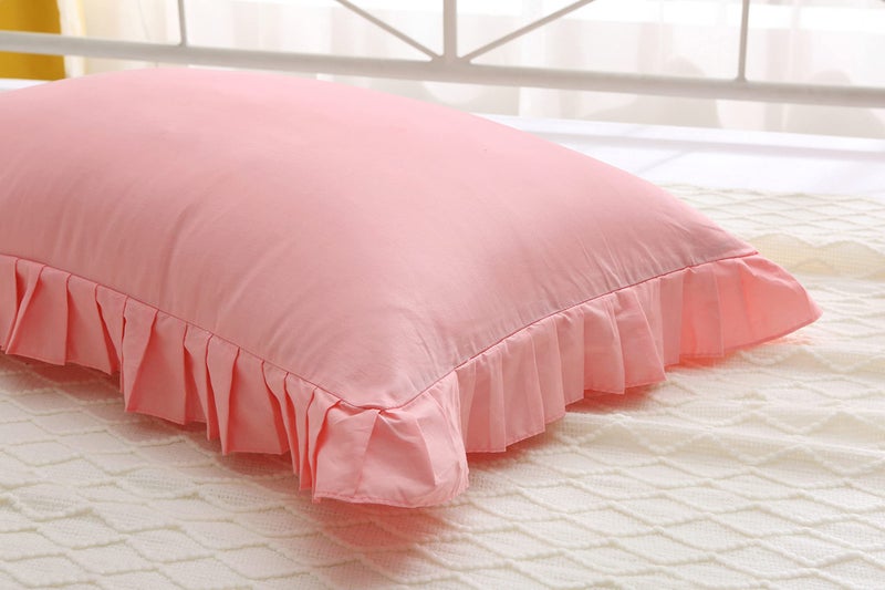 Meaning4 Egyptian Cotton Ruffles Pillow Shams Coral Pink Queen Size 2Pieces 30"x20" Soft Thick - Image 5
