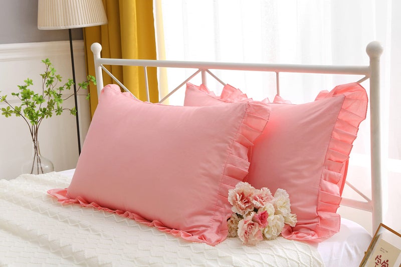 Meaning4 Egyptian Cotton Ruffles Pillow Shams Coral Pink Queen Size 2Pieces 30"x20" Soft Thick - Image 1