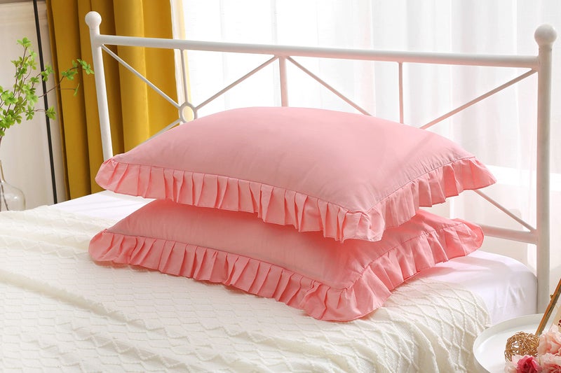 Meaning4 Egyptian Cotton Ruffles Pillow Shams Coral Pink Queen Size 2Pieces 30"x20" Soft Thick - Image 2