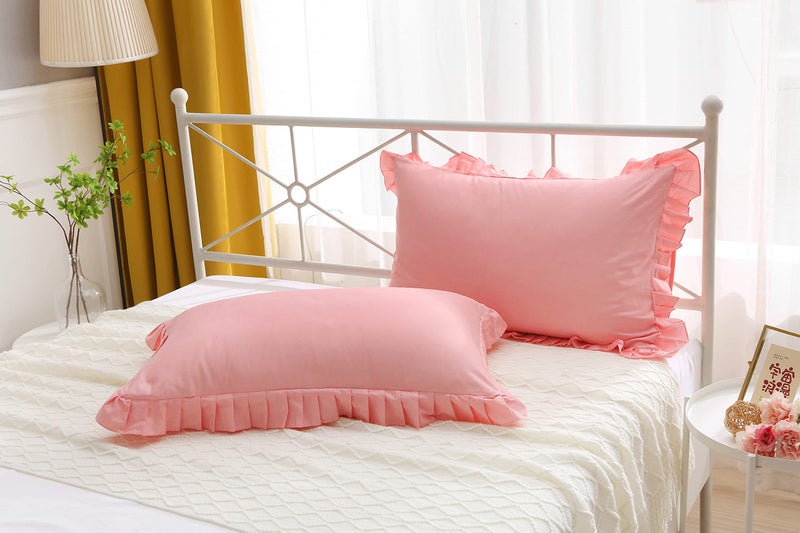 Meaning4 Egyptian Cotton Ruffles Pillow Shams Coral Pink Queen Size 2Pieces 30"x20" Soft Thick - Image 3