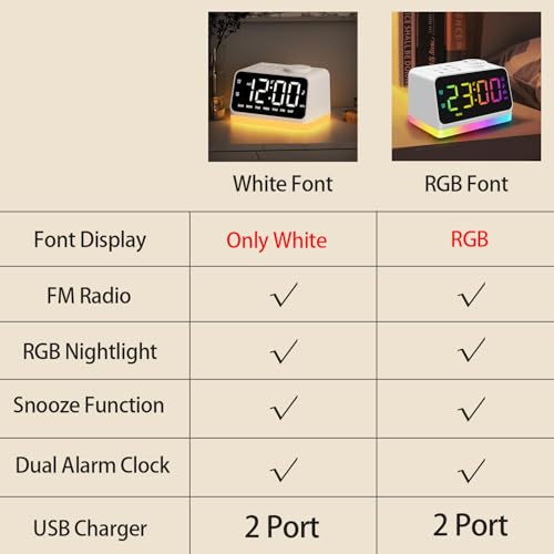 JALL Digital Alarm Clock with FM Radio for Bedroom 8 Colors Night Light with Charging Port Sleep Sound Machines with Timer Dual Alarm White with White Font - Image 3
