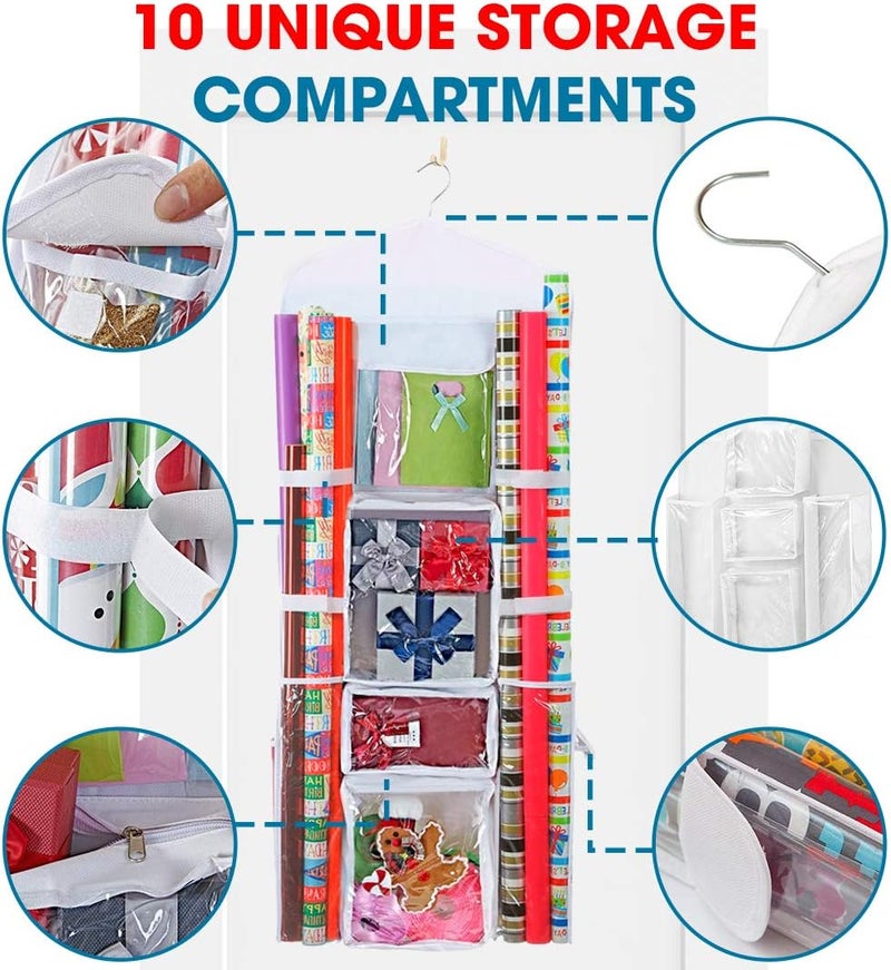 ProPik Hanging Double Sided Wrapping Paper Storage Organizer With Multiple Front And Back Pockets Organize Your Gift Wrap & Gift Bags Bows Ribbons 40”X17" Fits 40 Inch Rolls (White) - Image 4