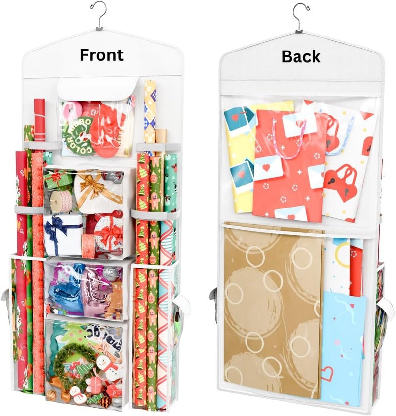 ProPik Hanging Double Sided Wrapping Paper Storage Organizer With Multiple Front And Back Pockets Organize Your Gift Wrap & Gift Bags Bows Ribbons 40”X17" Fits 40 Inch Rolls (White) - Image 1