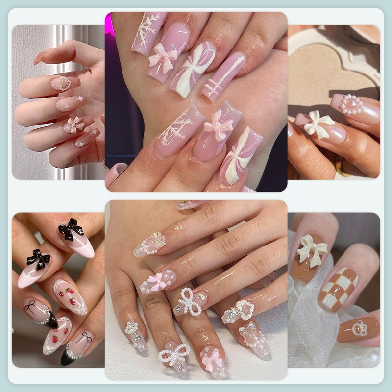 BELLEBOOST 600 Pcs 3D Nail Charms and Flatback Pearls #1, 8 Colors Nail Bows + Pink&White Star Heart Moon Cute Bow Charms + 2-6mm White Pearls for Nail Art Design with Nail Charm Glue(UV Needed) and Pickup Tools - Image 4