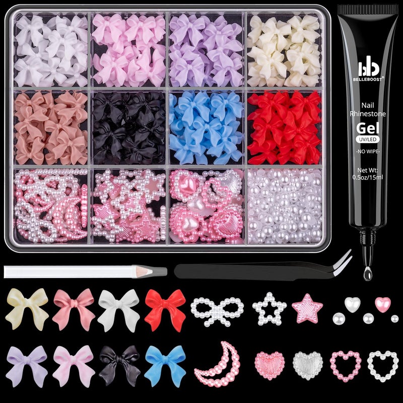 BELLEBOOST 600 Pcs 3D Nail Charms and Flatback Pearls #1, 8 Colors Nail Bows + Pink&White Star Heart Moon Cute Bow Charms + 2-6mm White Pearls for Nail Art Design with Nail Charm Glue(UV Needed) and Pickup Tools - Image 1