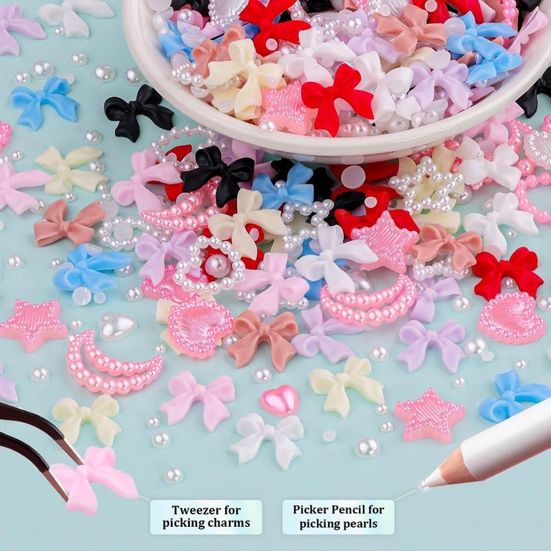 BELLEBOOST 600 Pcs 3D Nail Charms and Flatback Pearls #1, 8 Colors Nail Bows + Pink&White Star Heart Moon Cute Bow Charms + 2-6mm White Pearls for Nail Art Design with Nail Charm Glue(UV Needed) and Pickup Tools - Image 3