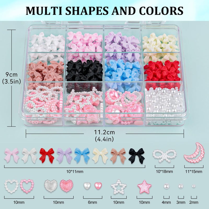 BELLEBOOST 600 Pcs 3D Nail Charms and Flatback Pearls #1, 8 Colors Nail Bows + Pink&White Star Heart Moon Cute Bow Charms + 2-6mm White Pearls for Nail Art Design with Nail Charm Glue(UV Needed) and Pickup Tools - Image 2