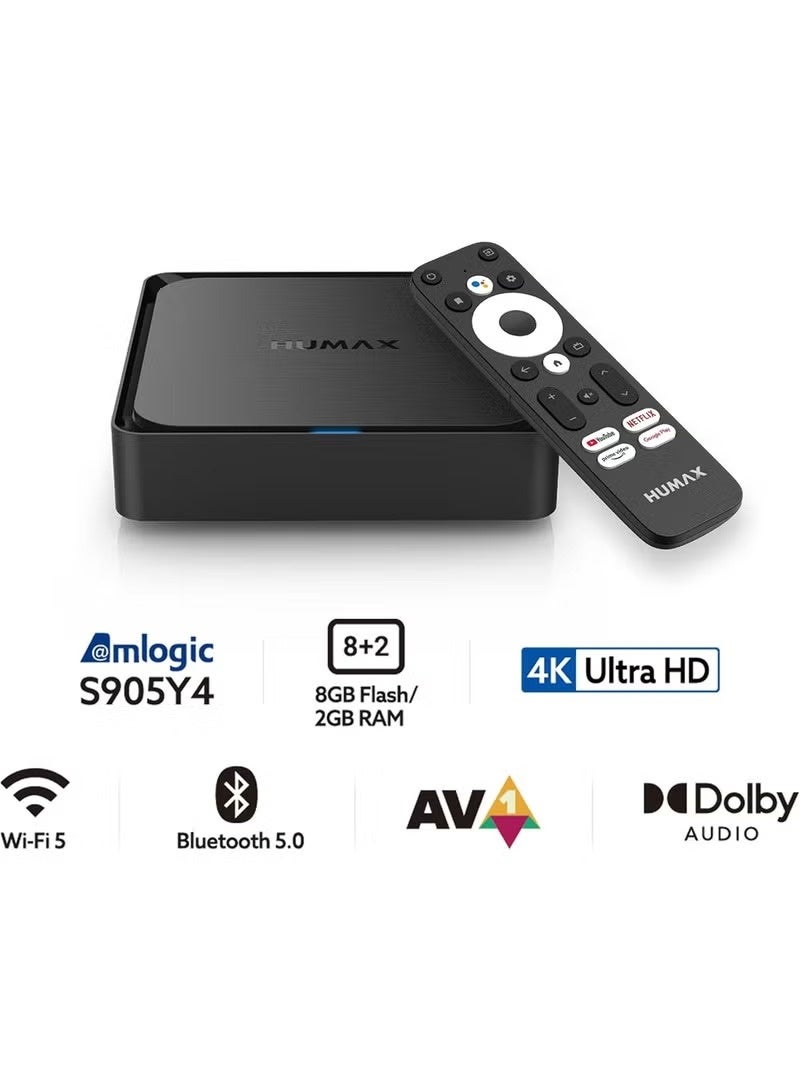 هيوماكس جهاز HUMAX Android TV Box A1 بنظام Android 11 ودقة 4K فائقة الوضوح، مزود بذاكرة فلاش 8 جيجابايت وذاكرة وصول عشوائي 2 جيجابايت، يدعم تقنية Dolby Audio وWi-Fi 5 وBluetooth 5 وAV1، ويدعم بث التلفزيون عبر Netflix وPrime Video وYouTube وGoogle Play. - Image 2