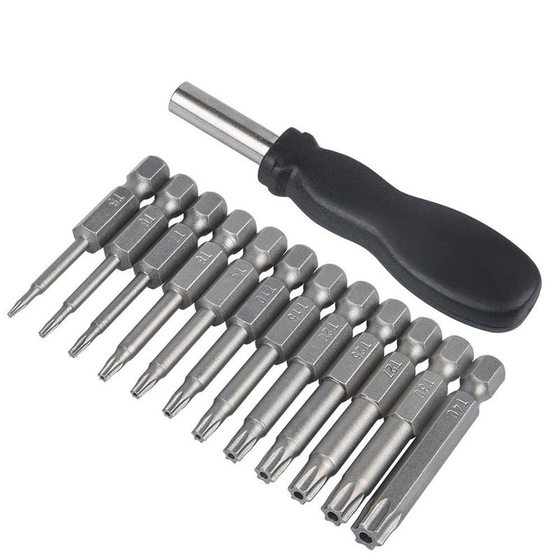 DanziX 12 Pack Torx Head Screwdriver Bit SetDanziX 14 inch Hex Shank T5T40 S2 Steel Security Tamper Proof Star 6 Point Screwdriver Tool Kit with 1 Pack Handle