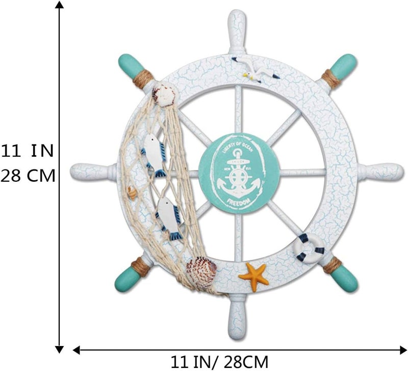 Meching 2 Pack 11" Nautical Beach Wooden Ship Wheel and 13" Wood Anchor with Rope Nautical Boat Steering Wheel Rudder Anchor Wall Decor Door Hanging Ornament Beach Theme Home Decoration(White&Green) - Image 2