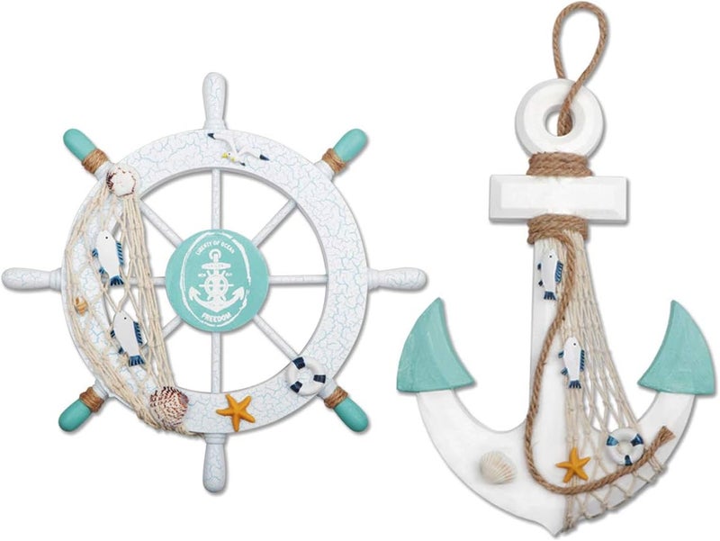 Meching 2 Pack 11" Nautical Beach Wooden Ship Wheel and 13" Wood Anchor with Rope Nautical Boat Steering Wheel Rudder Anchor Wall Decor Door Hanging Ornament Beach Theme Home Decoration(White&Green) - Image 1