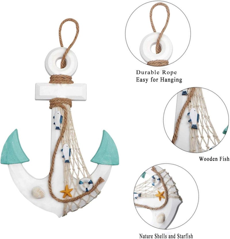 Meching 2 Pack 11" Nautical Beach Wooden Ship Wheel and 13" Wood Anchor with Rope Nautical Boat Steering Wheel Rudder Anchor Wall Decor Door Hanging Ornament Beach Theme Home Decoration(White&Green) - Image 5