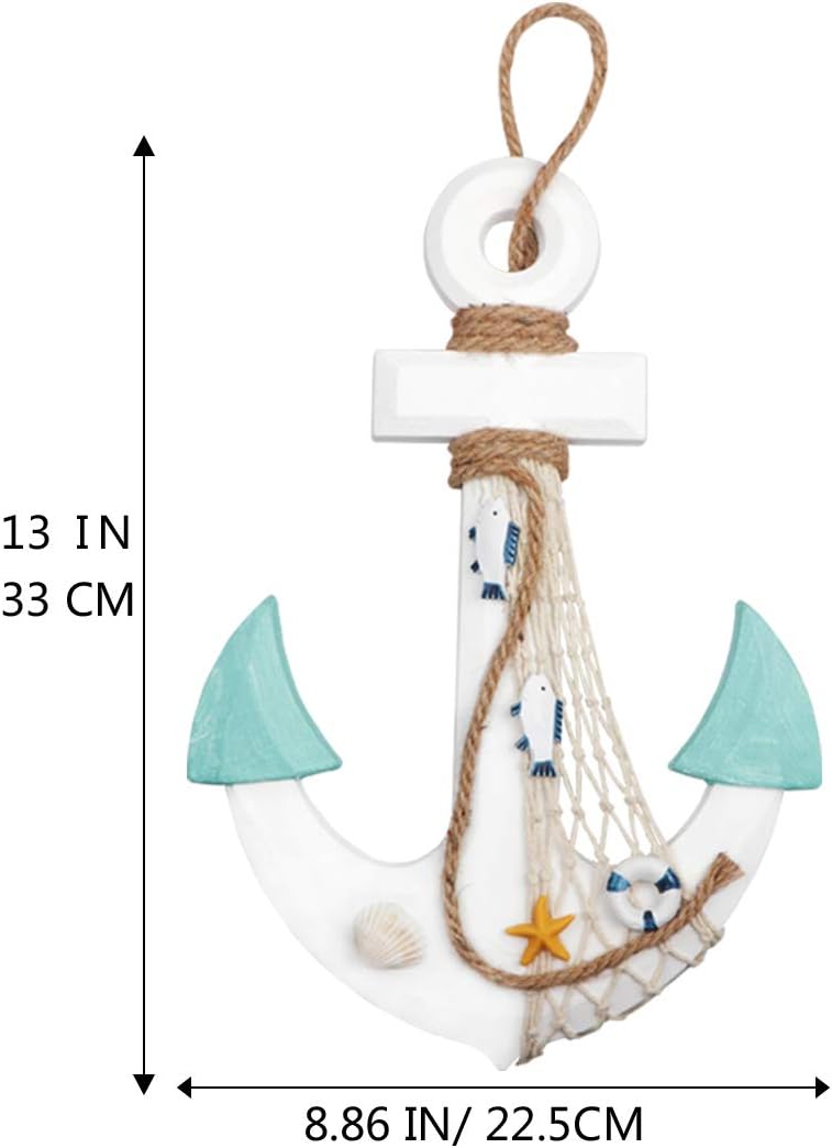 Meching 2 Pack 11" Nautical Beach Wooden Ship Wheel and 13" Wood Anchor with Rope Nautical Boat Steering Wheel Rudder Anchor Wall Decor Door Hanging Ornament Beach Theme Home Decoration(White&Green) - Image 3