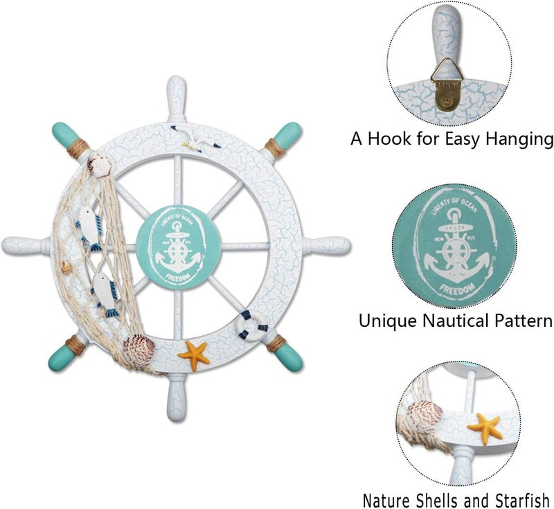 Meching 2 Pack 11" Nautical Beach Wooden Ship Wheel and 13" Wood Anchor with Rope Nautical Boat Steering Wheel Rudder Anchor Wall Decor Door Hanging Ornament Beach Theme Home Decoration(White&Green) - Image 4