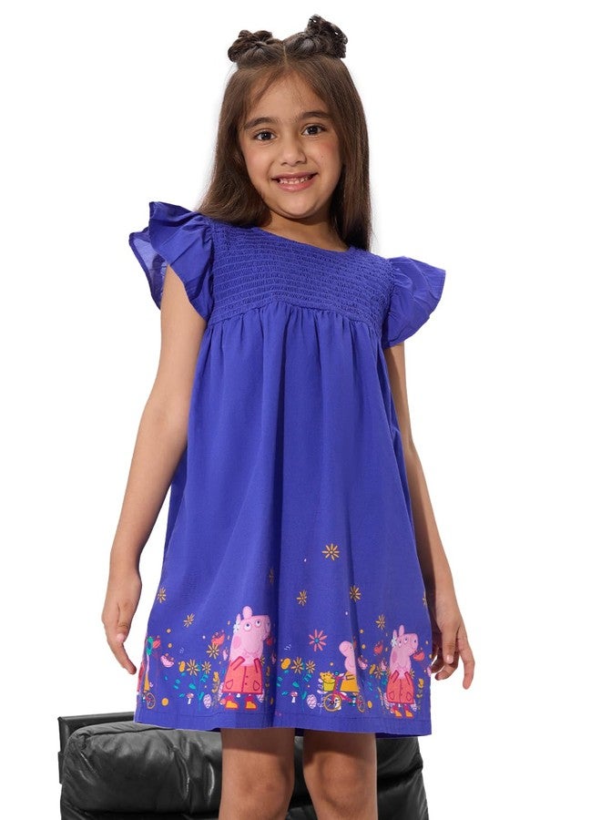 The Souled Store Peppa Pig: Autumn Girls Round Neck Short Sleeves Blue Printed Knee Length Cotton Dresses - Image 1
