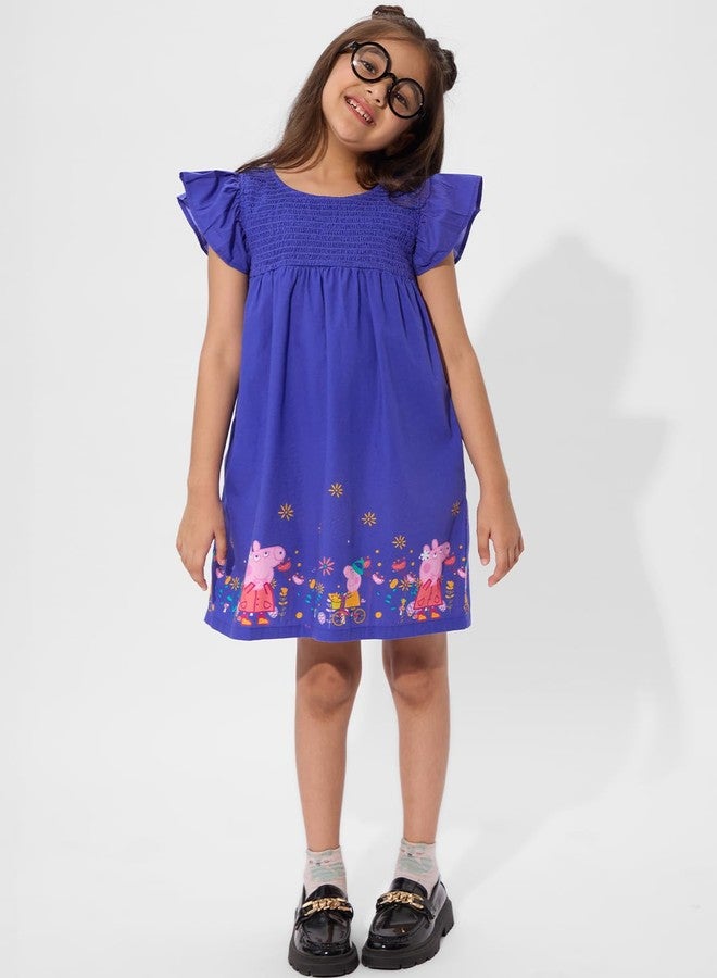 The Souled Store Peppa Pig: Autumn Girls Round Neck Short Sleeves Blue Printed Knee Length Cotton Dresses - Image 2